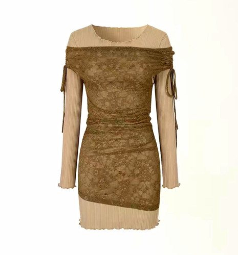 Brown lace stretch - lace, offshoulder